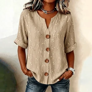 Vintage Blus Med Bladtryck