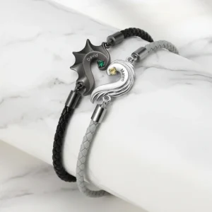 Armband för Par – Delbart Hjärta med Drakvinge och Änglavinge i Läder