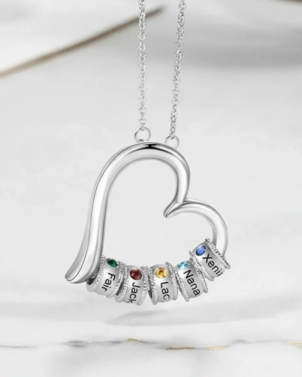 Halsband med Månadssten för Mamma och Mormor – Öppet Hjärta i Sterling Silver, upp till 7 Namn