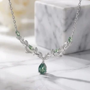 Moss Agate Halsband – Päronslipad Sten på Ranka, Vitguldpläterat 925 Sterling Silver, Gåva till Henne