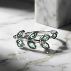 Moss Agate Ring – Olivkvist i Vitguldpläterat 925 Sterling Silver, Justerbar Present till Henne