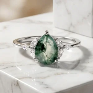 Moss Agate Ring – Päronslipad Sten med Marquise-accenter i 925 Sterling Silver, Löftesring