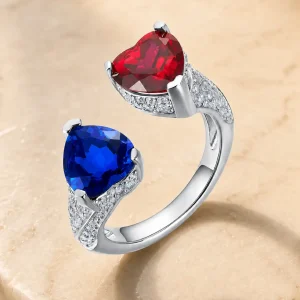 Safir- och Rubinring – Toi et Moi med Två Hjärtan i 925 Sterling Silver, Justerbar